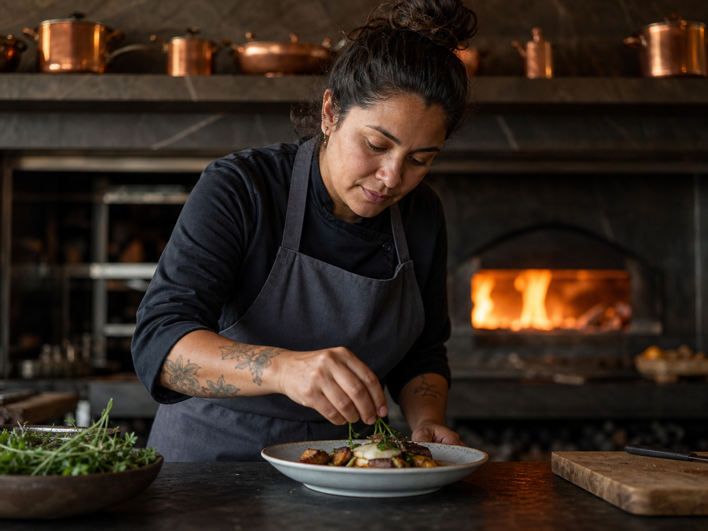Chef da Casa Âmbar finalizando um prato